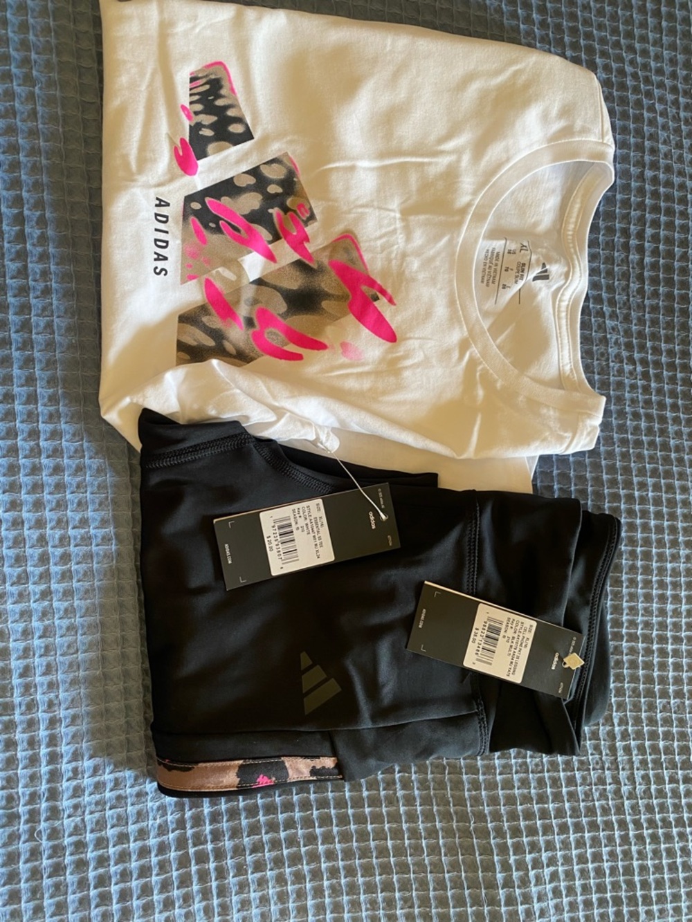 adidas Black Leggings with Pink Cheetah-Print Side Stripes and T-shirt